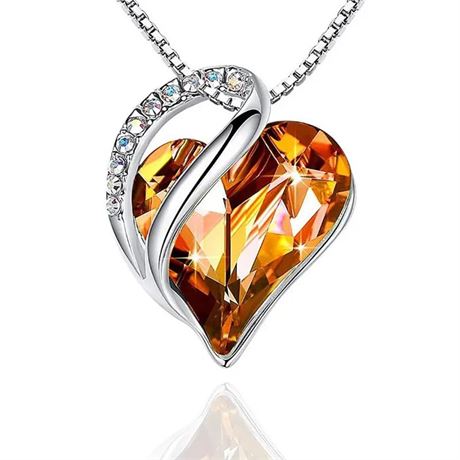 Amber Crystal Rhinestone Pendant Love Heart Necklace