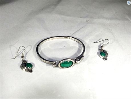 STERLING SILVER MALACHITE BRACELET AND MATCHING EARRINGS