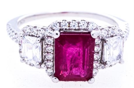 925 STERLING SILVER RING, 1.32CT RUBY & 56 CZ'S = 2.6ct TW